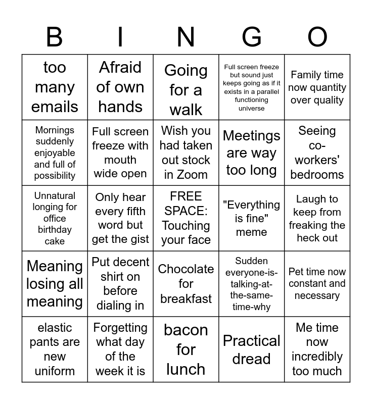 Working From Home Pandemic Bingo Card