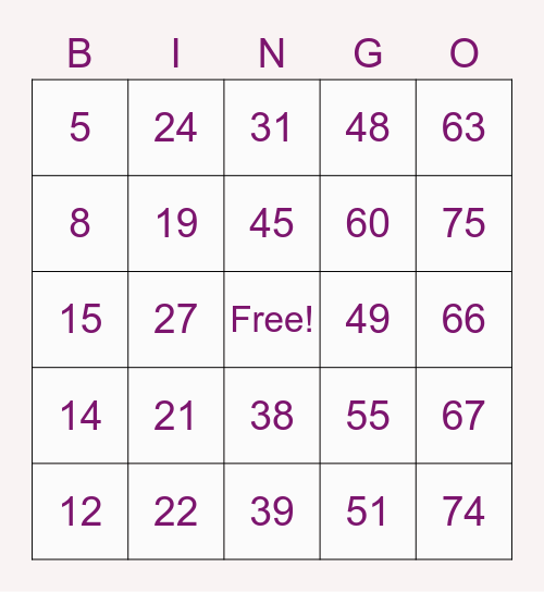 NUMBER BINGO! Bingo Card