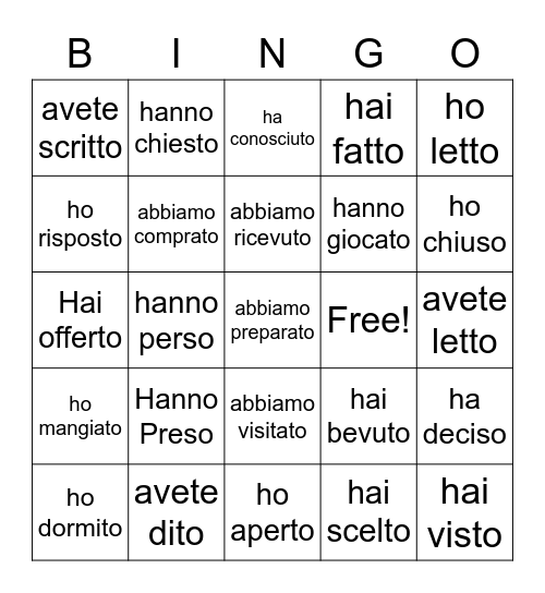 Italian Bingo Passato Prossimo Bingo Card