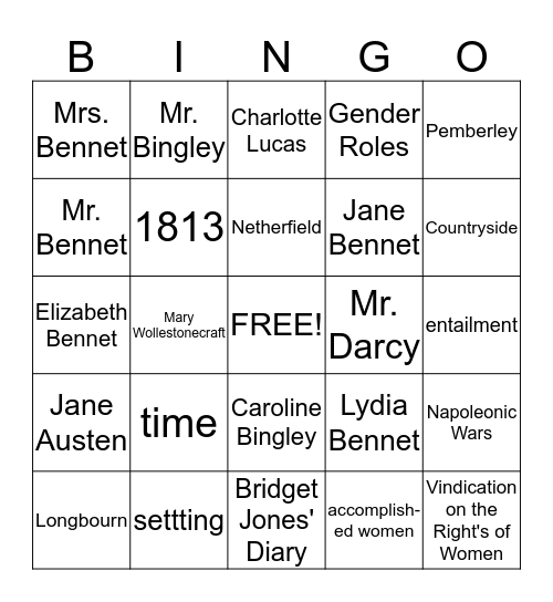 Setting and Time in Pride and Prejudice Bingo Card