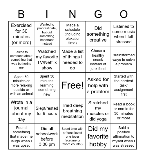 Stress Management Bingo Card