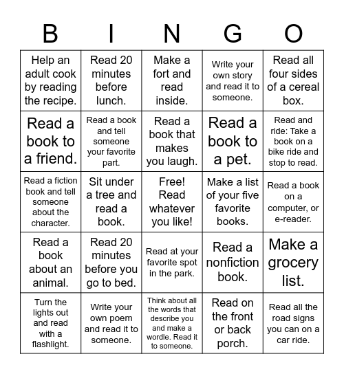 Summer Reading Fun Bingo Card