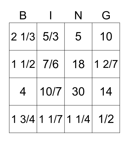 Fraction Practice Bingo Card