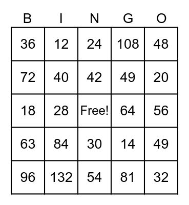 Multiplication Bingo Card