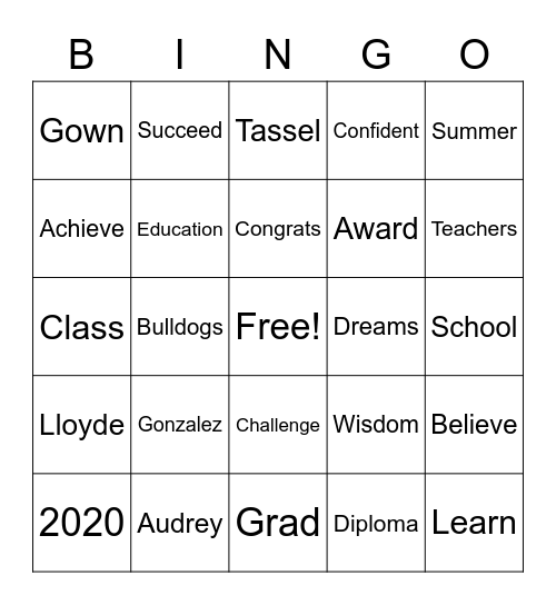 Graduation Bingo Card