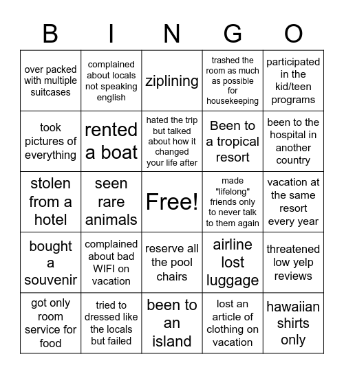 Tacky Tourist Bingo Card