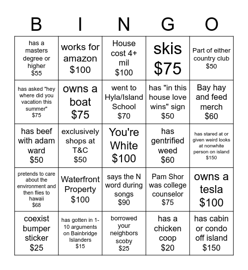 Bainbridge Donation Bingo Card