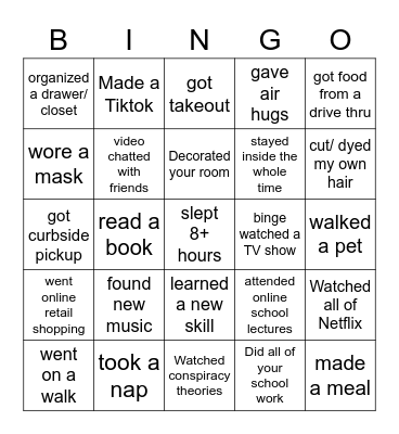 Social Distancing Bingo Card