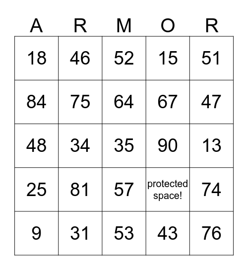 Armor Bingo Card