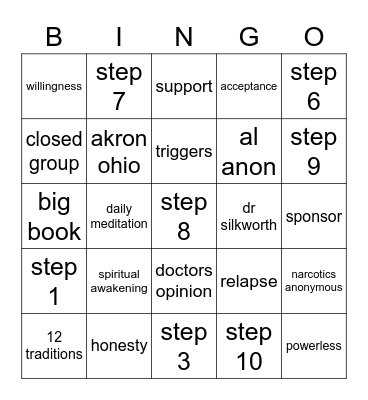 Recovery Bingo Card