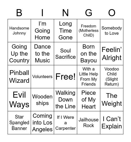 Woodstock Artists Bingo Card