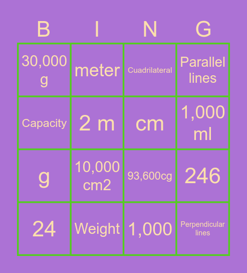 Unit Conversion Bingo Card