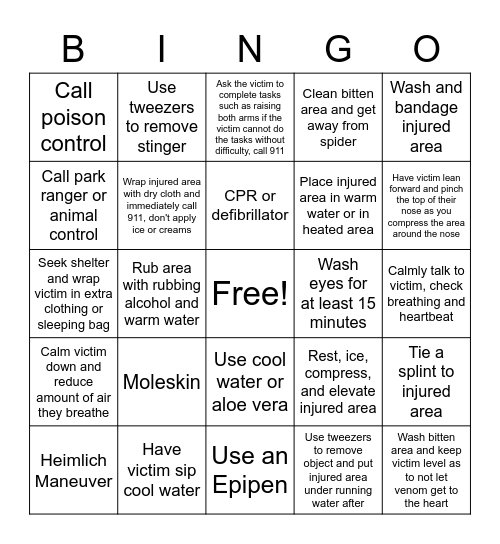 First Aid Bingo Card