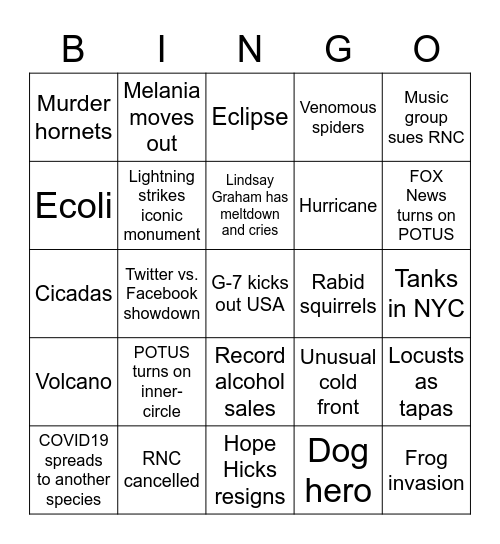 June 2020 Dystopian BINGO Card