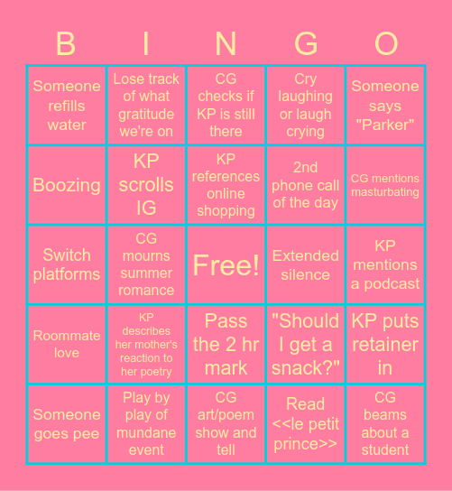 Groalm's Nightly Phone Bingo Card