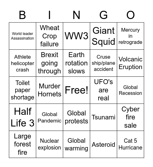 2020 Crisis Bingo Card