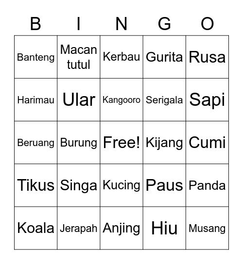 Nama Hewan Bingo Card