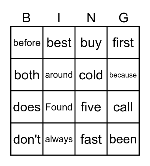 Sight word bingo Card