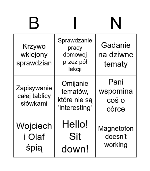 Angielski Bingo Card