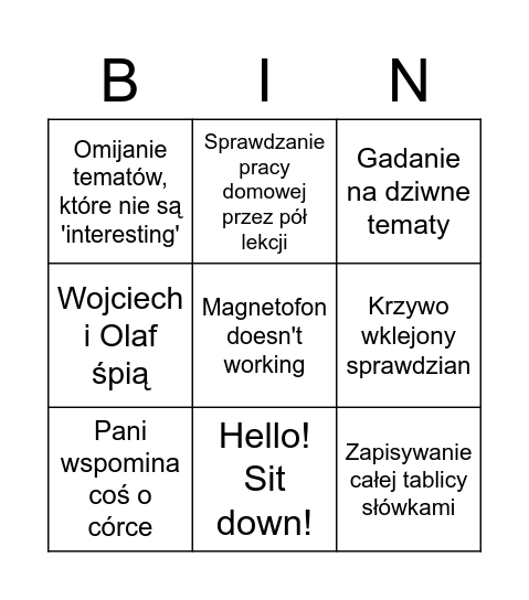 Angielski Bingo Card