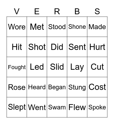 Irregular Verbs Bingo Card