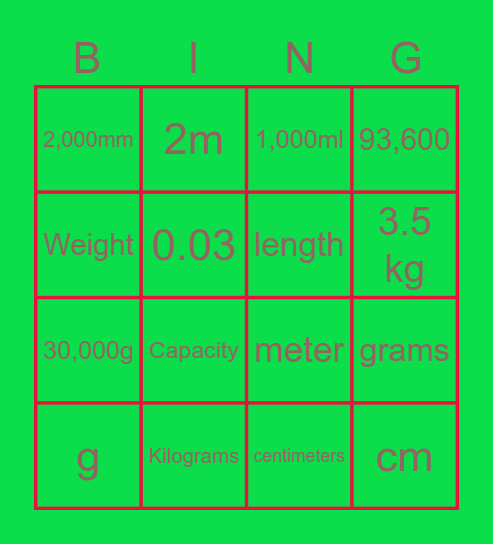 UNIT CONVERSION Bingo Card