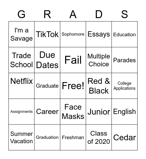 Graduation 2020 Bingo Card