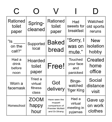 Isolation Bingo Card