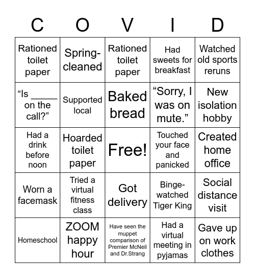 Isolation Bingo Card