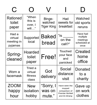 Isolation Bingo Card