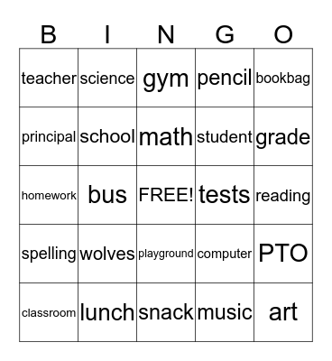 Walnut Grove Elementary School Bingo Card