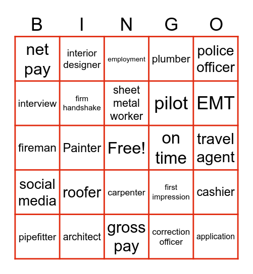 Vocational Vocabulary Bingo Card