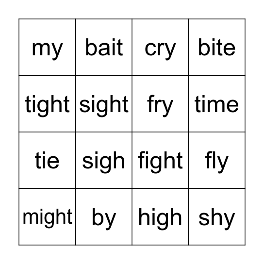 Phonics ie i-e y igh Bingo Card