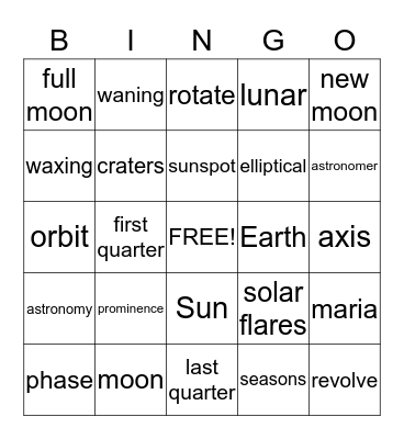 Solar System Bingo Card