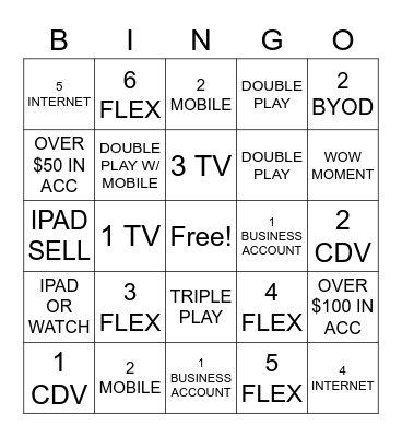 Xfinity Bingo Card