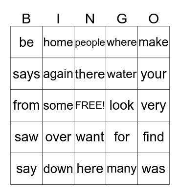 Sight Word  Bingo Card