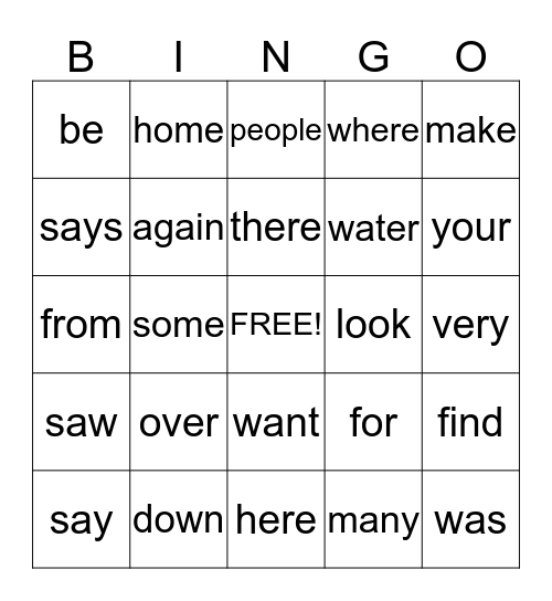 Sight Word  Bingo Card