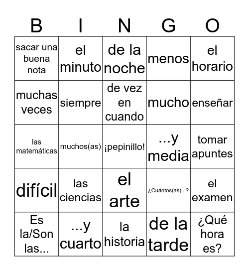 Español 1 - U2L1 Bingo Card