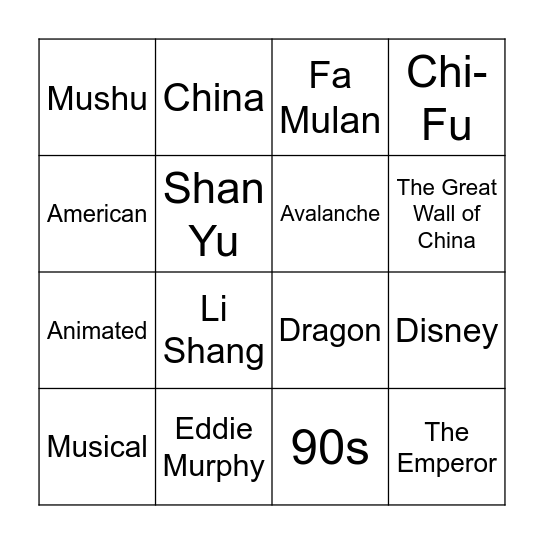 Mulan Bingo Card