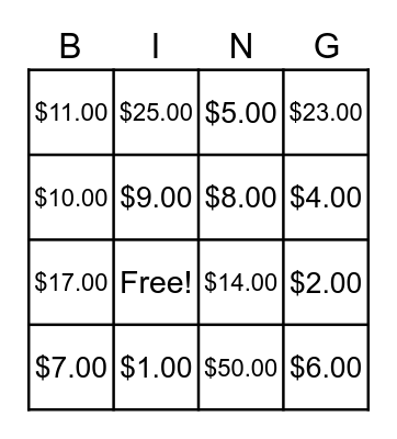 Money Bingo Card