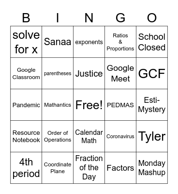 T1 Math-Year in Review Bingo Card