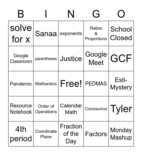T1 Math-Year in Review Bingo Card