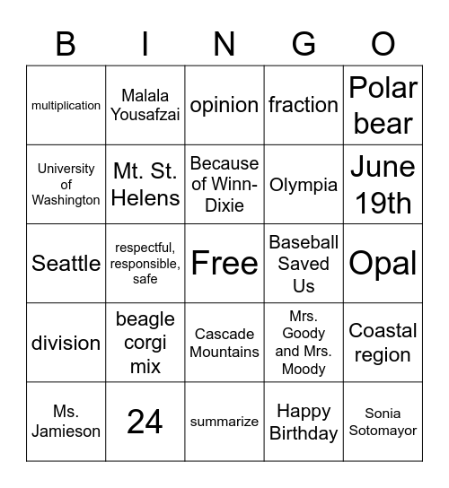 Room 23 Bingo! Bingo Card