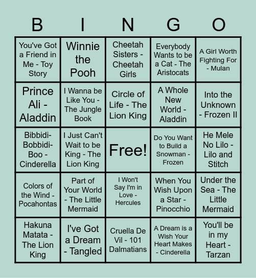 Disney Bingo Card