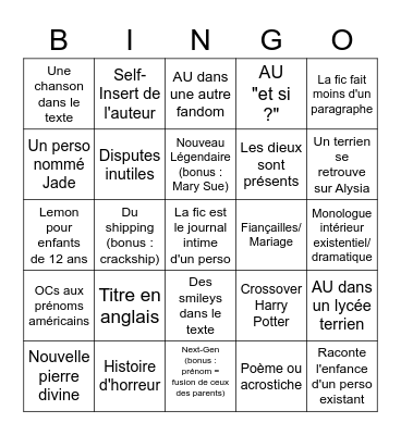 Les Legendaires : Badfic Bingo Card