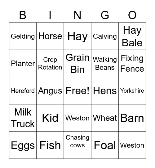 Agriculture BINGO Weston/Touhy Bingo Card