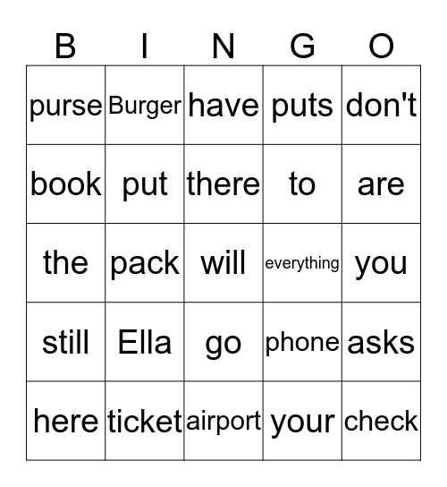 Ella Goes to the Airport Bingo Card