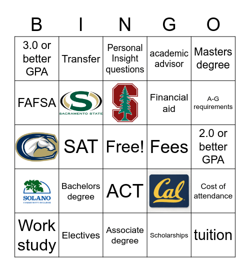 College 101 Bingo Card