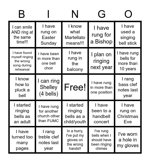 Handbell Bingo Card