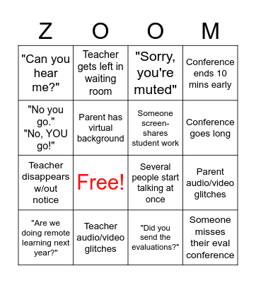 Zoom Evaluation Conference Bingo Card